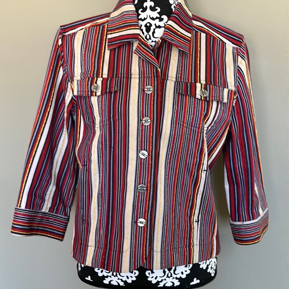 Christopher & Banks striped cream navy orange red blue jean jacket